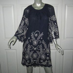 YOANA BARASCHI Dark Blue Dress White Embroidery Bell Sleeves Small